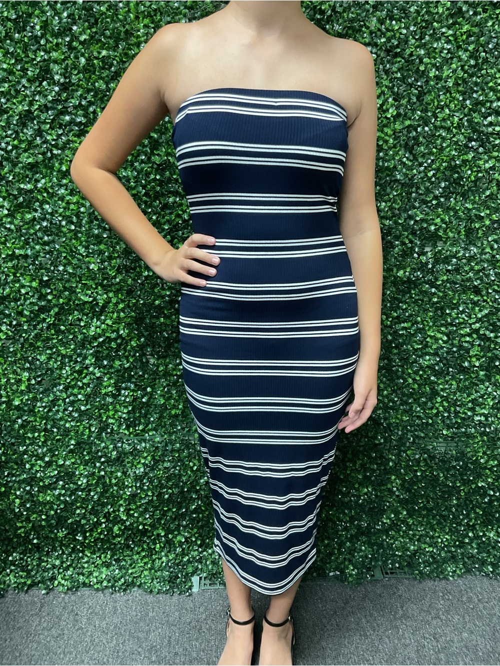 Strapless Navy and White Stripe Bodycon Midi Dress
